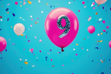 Pink Balloon with Number Nine Confetti