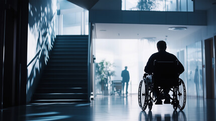 Wheelchair User in a Modern Building Facing Obstacles with Stairs