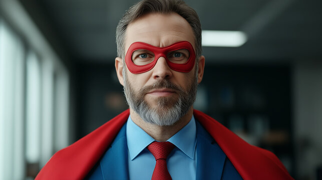 Ordinary man wearing a super hero costume in office. 