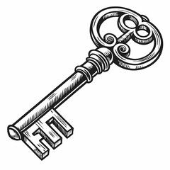 A sketch of a key, illustrating its intricate design and details in a minimalist artistic style.