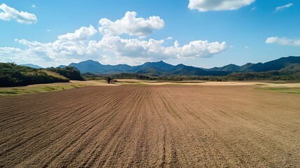 Fototapeta premium Vast dry rural landscape under a blue sky with scattered clouds.
