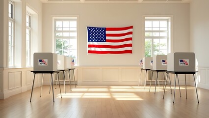 Empty polling station with row of white voting booths decorated with American flag at vote center. Presidential American elections in the United States. Democracy and election day concept.