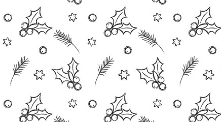 Simple  Pattern with Plants, Minimalist Christmas Hand Drawn Pattern, Vintage, Doodle, Sketch, Black