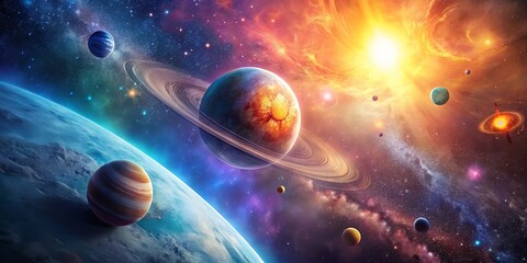 Obraz premium A vibrant cosmic scene depicting a planetary system with a bright star, ringed planets, and celestial bodies in a nebula