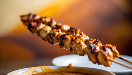 A vibrant and mouthwatering bokeh effect photography of chicken satay, skewered on wooden sticks and grilled to perfection