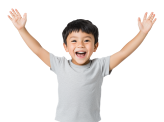 A happy twelve-year-old boy with short straight black hair, running joyfully, isolated on a transparent background, perfect for energetic and joyful design projects