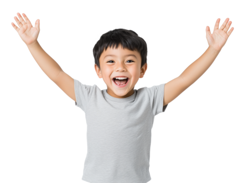 A happy twelve-year-old boy with short straight black hair, running joyfully, isolated on a transparent background, perfect for energetic and joyful design projects