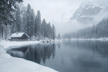 Snowy Winter Landscape with Frozen Lake and Forest