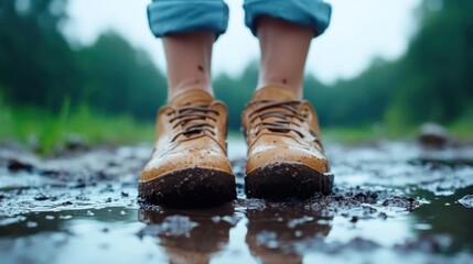 A person stands barefoot in muddy water, wearing brown shoes that are splattered with mud. The background features vibrant greenery under overcast skies, hinting at recent rain