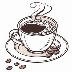 Obraz premium A coffee cup surrounded by scattered coffee beans on a clean white background, highlighting the rich aroma of coffee.