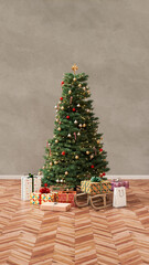 Christmas scene for greetings with beautiful Christmas tree with festive ornaments and gifts on a wooden floor, set against a neutral wall background with copy space in realistic 3D rendering