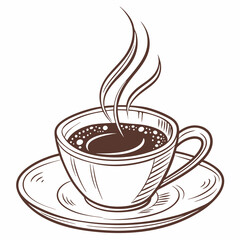 Obraz premium A coffee cup surrounded by scattered coffee beans on a clean white background, highlighting the rich aroma of coffee.