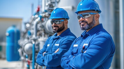 Two men dressed in blue work attire and safety helmets exude professionalism at an industrial site. They appear confident, reflecting teamwork and a commitment to safety in their environment