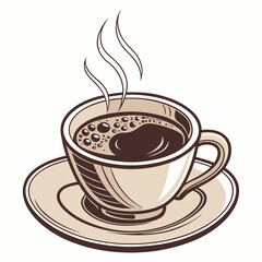 Obraz premium A coffee cup surrounded by scattered coffee beans on a clean white background, highlighting the rich aroma of coffee.