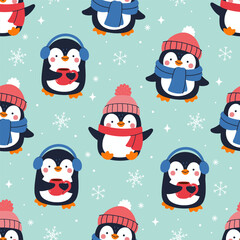Seamless pattern with penguins wearing hats and scarves. Vector graphics.