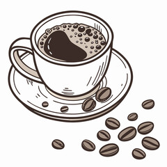 Obraz premium A coffee cup surrounded by scattered coffee beans on a clean white background, highlighting the rich aroma of coffee.