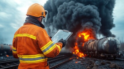 firefighter in protective gear uses a tablet to gather information while standing near a raging train fire at the railway tracks during an emergency situation. Thick smoke billows above