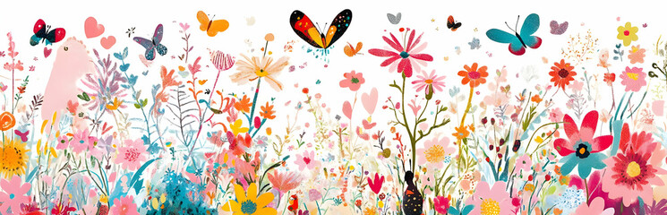 A vibrant illustration of a colorful flower garden with butterflies and hearts.