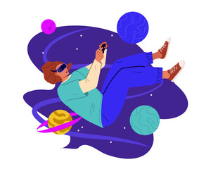 Man wearing virtual reality goggles cosmic landscape  immersed in a dynamic virtual world or metaverse. The planets and the stars next to her. Concept of modern technology and new experience