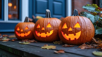 Pumpkins carved into jack-o-lanterns glowing on a porch, symbolizing the spooky and festive atmosphere of Halloween