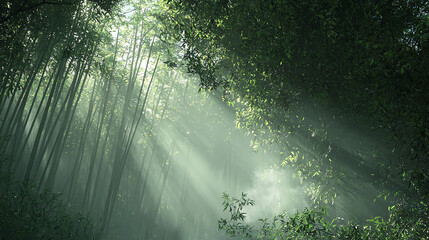 Misty bamboo forest with sunlight filtering through leaves in the early morning hours