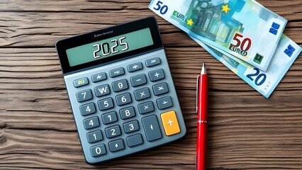 2025 numbers on a calculator and euros banknotes, new year finance, money and budget illustration
