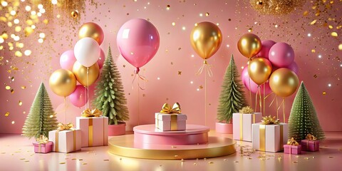 Festive Celebration with Pink and Gold Balloons, Gifts, and Miniature Trees on a Pink and Gold Display Platform