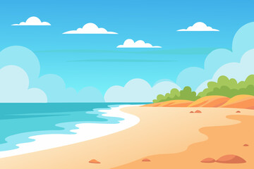 Vector illustration of a sunny beach with a calm ocean. Summer beach background