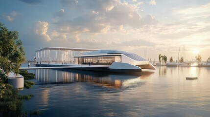 Innovative architectural design waterfront location modern structure urban environment aesthetic perspective sustainability concept