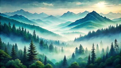 Serene Misty Mountain Landscape with Evergreen Forest at Dawn