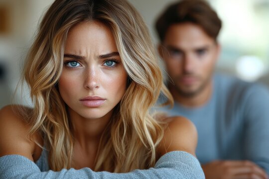 Close-up of a woman with a concerned and serious expression symbolizing tension and conflict in a relationship. This image can be used by designers, artists and advertisers specializing in emotional