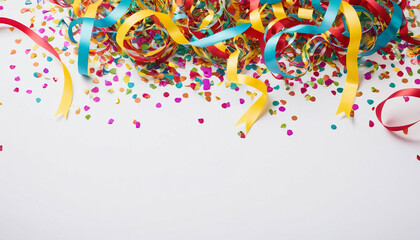 Fototapeta premium Colorful confetti and ribbons are cascading down a clean white background, creating a vibrant and festive party atmosphere, perfect for celebratory announcements or event invitations.