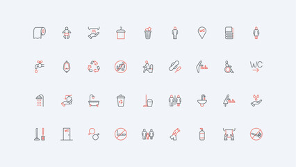 WC, toilet and public restroom furniture, sanitary equipment, gender and wheelchair signs line icon set. Washroom signage, pipe, washbasin thin black and red outline symbols vector illustration