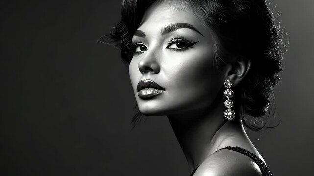 Elegant asian model posing with diamond earrings on dark background