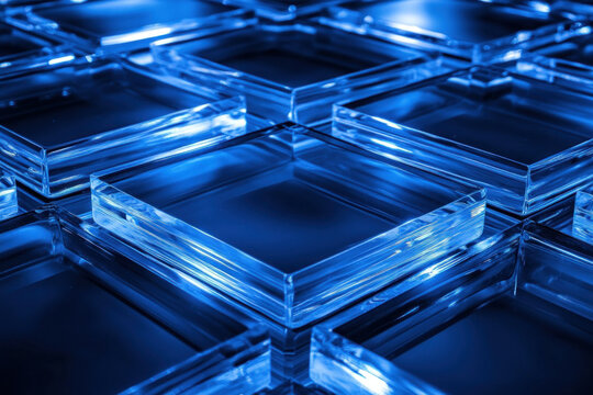Blue glass blocks reflecting sunlight creating beautiful patterns on the ground.