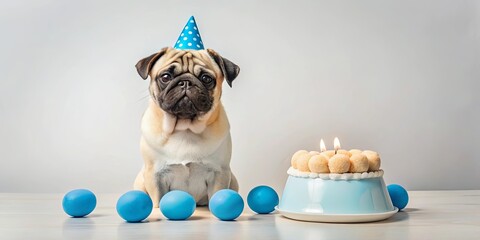 A cute pug puppy wearing a party hat sits patiently beside a small birthday cake with lit candles and blue decorative eggs.