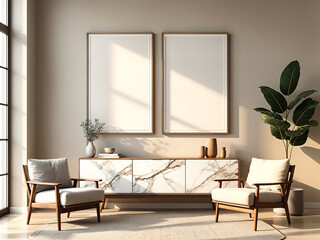 Modern interior design of a living room, with a wall mockup featuring two blank poster frames. The color scheme is warm beige and white tones, with a marble sideboard and wooden armchairs. The room is