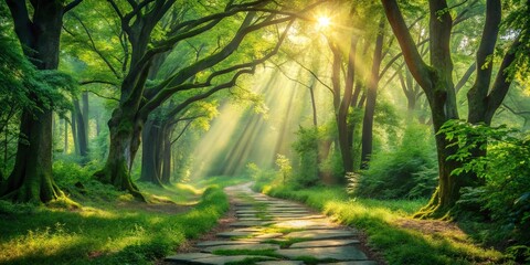 Obraz premium Sunlit stone path meandering through a lush, verdant forest, bathed in the golden rays of morning sunlight