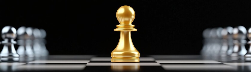 A golden pawn stands out on a chessboard, flanked by silver pawns, symbolizing strategy and competition in the game of chess.