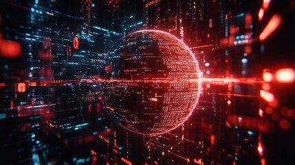 Obraz premium Abstract digital sphere with glowing red and blue code.