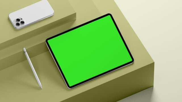 An unknown man watching his tablet with a green screen mockup at home, placed next to a coffee cup. The relaxed setting with the tablet and coffee cup is perfect for digital content, app design
