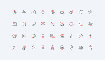 Carbon neutral, net zero, sustainable eco energy production, reduction of consumption line icon set. CO2 pollution decrease, circular economy thin black and red outline symbols vector illustration