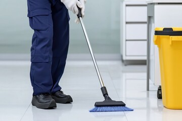 A person cleans a floor with a mop, wearing gloves and dark clothing, demonstrating effective cleaning in a well-lit indoor setting.