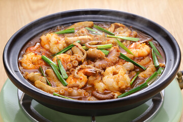 Nak-Gop-Sae is a spicy soup with octopus, beef small intestine, and shrimp in Busan, South Korea.