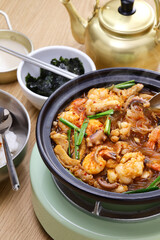 Nak-Gop-Sae is a spicy soup with octopus, beef small intestine, and shrimp in Busan, South Korea.