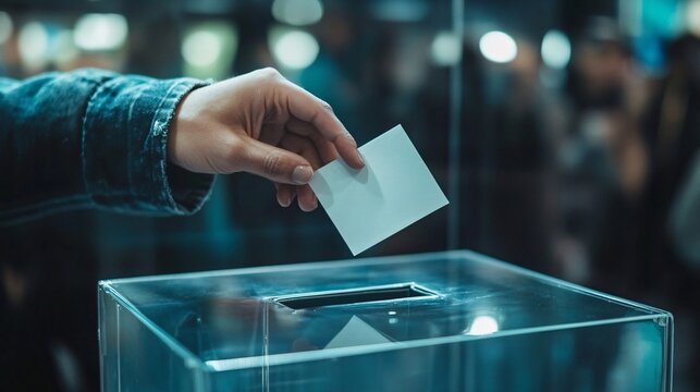 Close-Up of Hand Casting a Vote into a Transparent Ballot Box at a Public Election During Daytime, with Bokeh Background of Crowd and Voters
