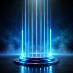 Futuristic Neon Blue Podium with Light Beams generative ai