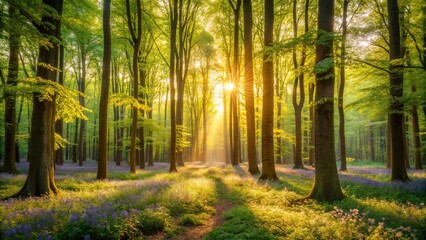 Obraz premium Golden Sunrise Illuminates a Path Through a Lush Spring Forest with Blooming Flowers