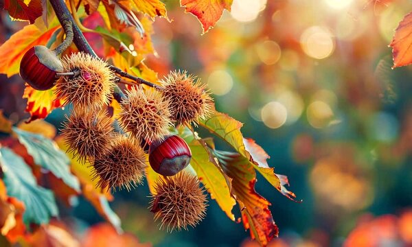 A branch of a chestnut tree with spiky chestnut pods in a warm, autumnal setting with vibrant leaves.