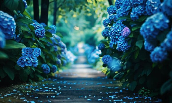 Pathway surrounded by abundant blue hydrangeas in full bloom